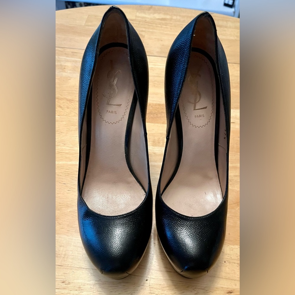 YSL Yves Saint Laurent Black Leather Tribute Two Platform Pumps 37.5